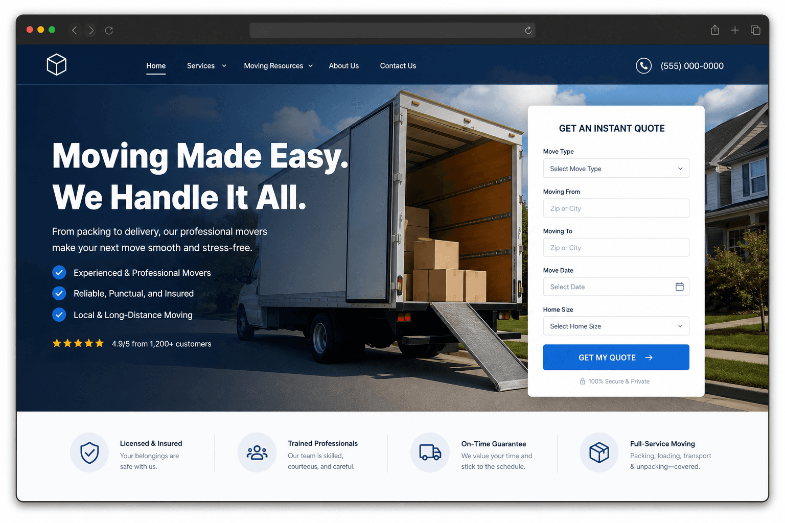 Redesigned movers website with clear headline and instant quote CTA